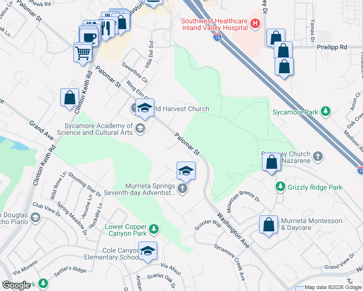 map of restaurants, bars, coffee shops, grocery stores, and more near 23201-23207 Palomar St in Murrieta