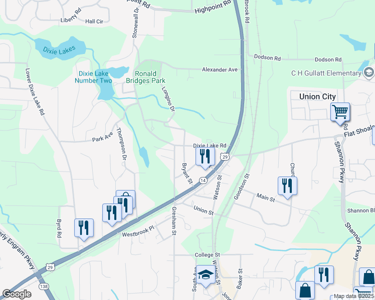 map of restaurants, bars, coffee shops, grocery stores, and more near 5064 Dixie Lake Road in Union City