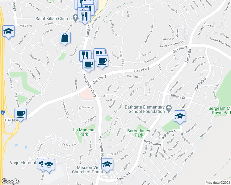 map of restaurants, bars, coffee shops, grocery stores, and more near 27232 Regio in Mission Viejo