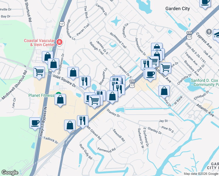 map of restaurants, bars, coffee shops, grocery stores, and more near 6 Seaway Lane in Murrells Inlet