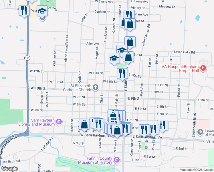 map of restaurants, bars, coffee shops, grocery stores, and more near 1007 Willow Street in Bonham