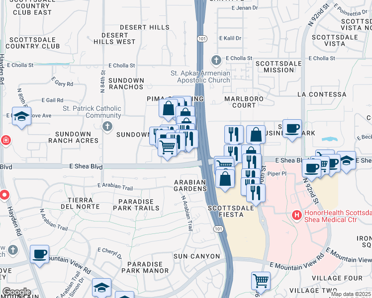 map of restaurants, bars, coffee shops, grocery stores, and more near 8752 East Shea Boulevard in Scottsdale