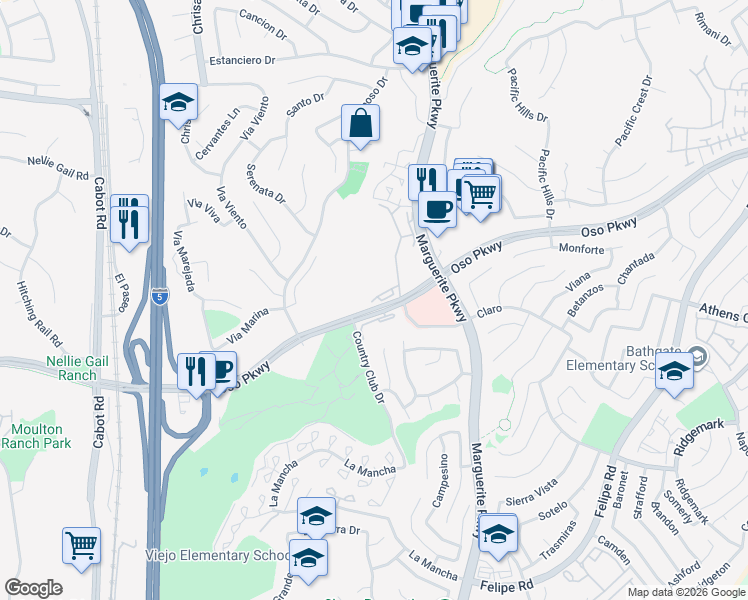 map of restaurants, bars, coffee shops, grocery stores, and more near 26823 Poveda in Mission Viejo