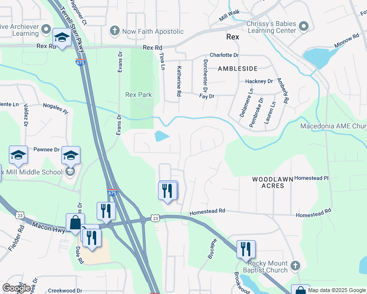 map of restaurants, bars, coffee shops, grocery stores, and more near 6264 Lakeview Court in Rex