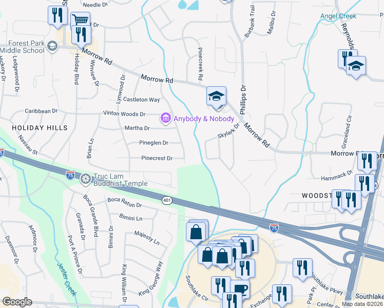 map of restaurants, bars, coffee shops, grocery stores, and more near 6260 Crestview Lane in Forest Park