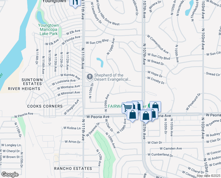 map of restaurants, bars, coffee shops, grocery stores, and more near 10852 North 109th Avenue in Sun City