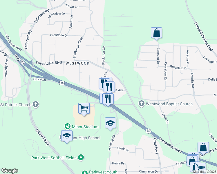 map of restaurants, bars, coffee shops, grocery stores, and more near 156 Howle Avenue in Birmingham