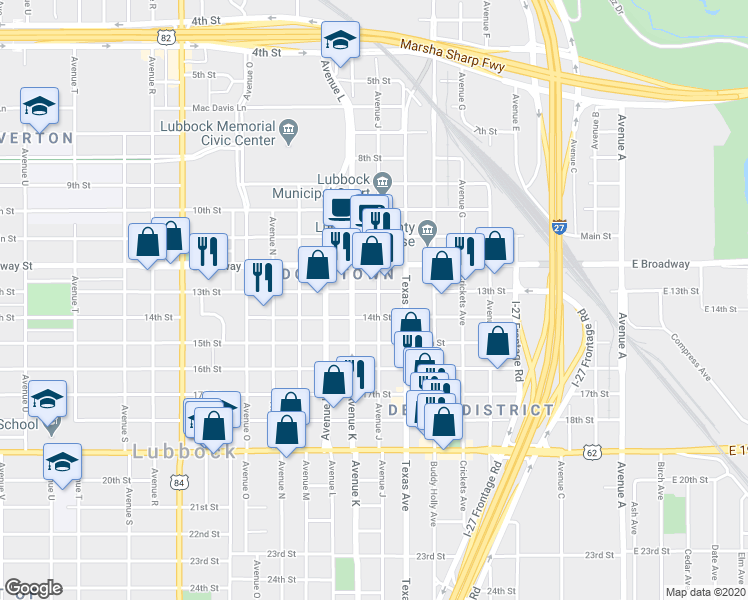 map of restaurants, bars, coffee shops, grocery stores, and more near 1101 13th Street in Lubbock