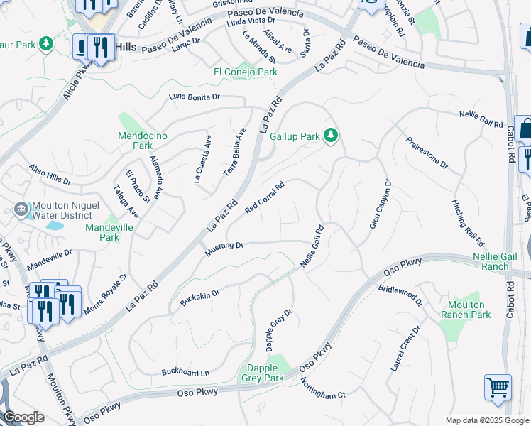map of restaurants, bars, coffee shops, grocery stores, and more near 26012 Horseshoe Circle in Laguna Hills