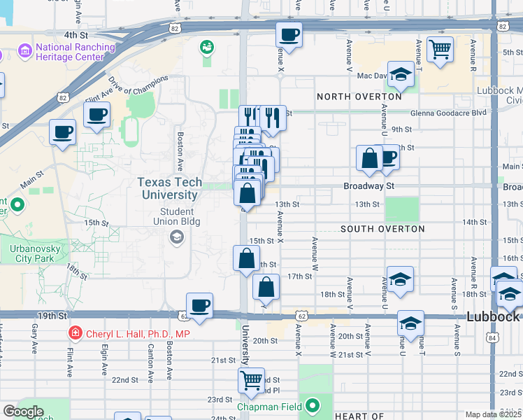 map of restaurants, bars, coffee shops, grocery stores, and more near 2413 13th Street in Lubbock