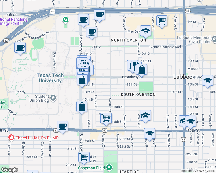 map of restaurants, bars, coffee shops, grocery stores, and more near 2303 13th Street in Lubbock