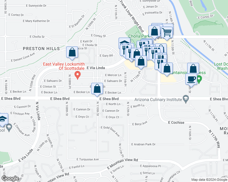 map of restaurants, bars, coffee shops, grocery stores, and more near 11106 East Becker Lane in Scottsdale