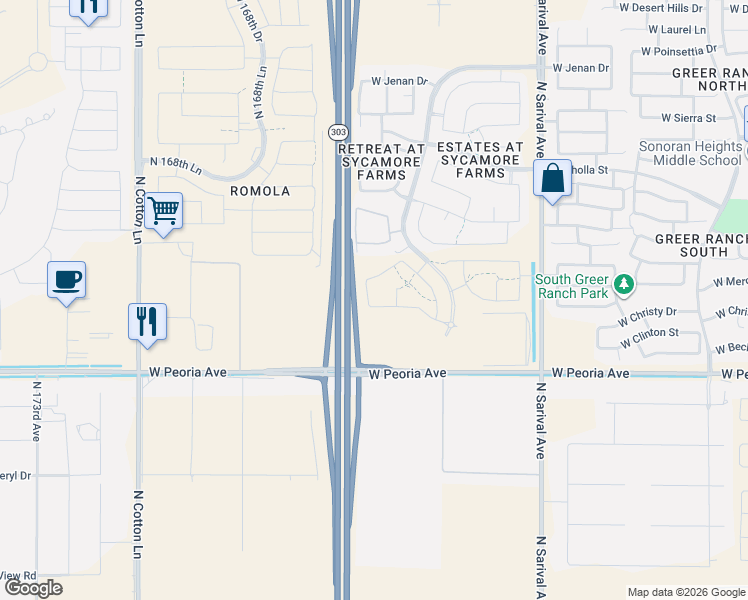 map of restaurants, bars, coffee shops, grocery stores, and more near Bob Stump Memorial Parkway in Surprise