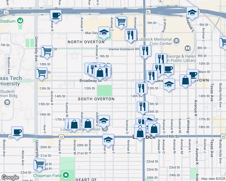 map of restaurants, bars, coffee shops, grocery stores, and more near 1915 13th Street in Lubbock