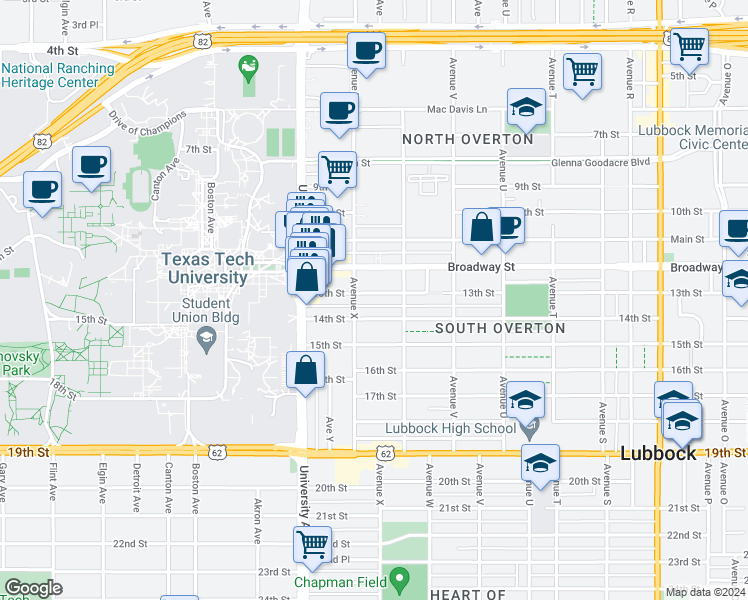 map of restaurants, bars, coffee shops, grocery stores, and more near 2321 13th Street in Lubbock