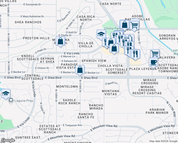 map of restaurants, bars, coffee shops, grocery stores, and more near 11105 East Clinton Street in Scottsdale