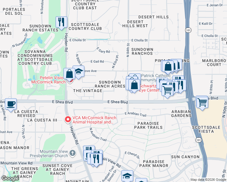map of restaurants, bars, coffee shops, grocery stores, and more near 10629 North 83rd Street in Scottsdale