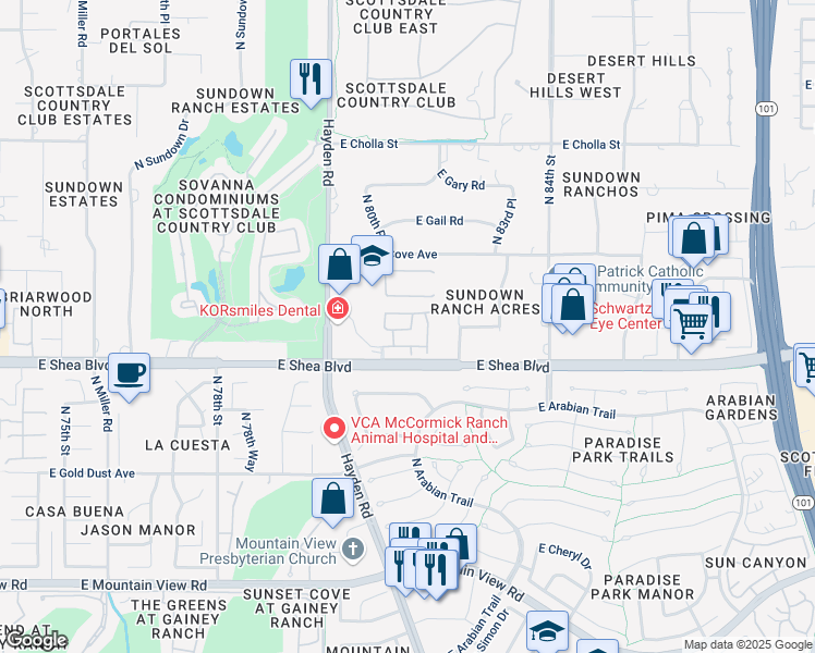 map of restaurants, bars, coffee shops, grocery stores, and more near 8180 East Shea Boulevard in Scottsdale