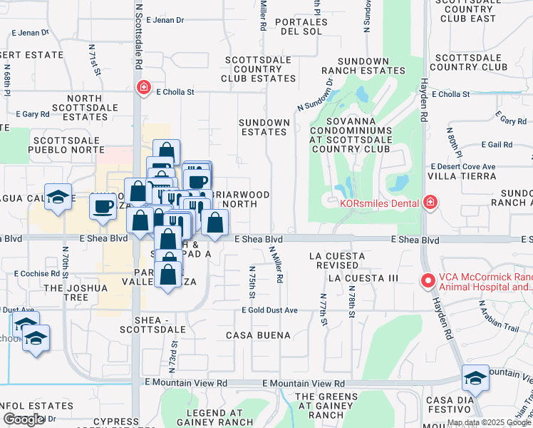 map of restaurants, bars, coffee shops, grocery stores, and more near 10620 North Miller Road in Scottsdale