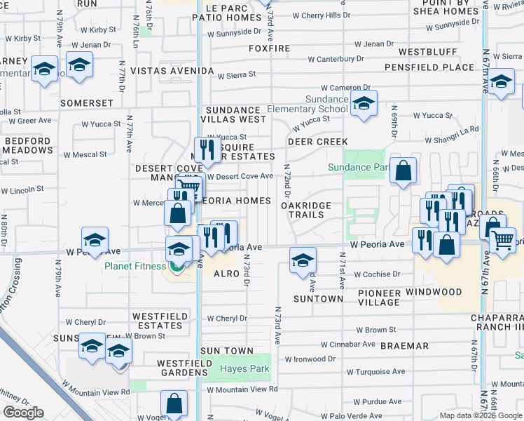map of restaurants, bars, coffee shops, grocery stores, and more near 7344 West Peoria Avenue in Peoria