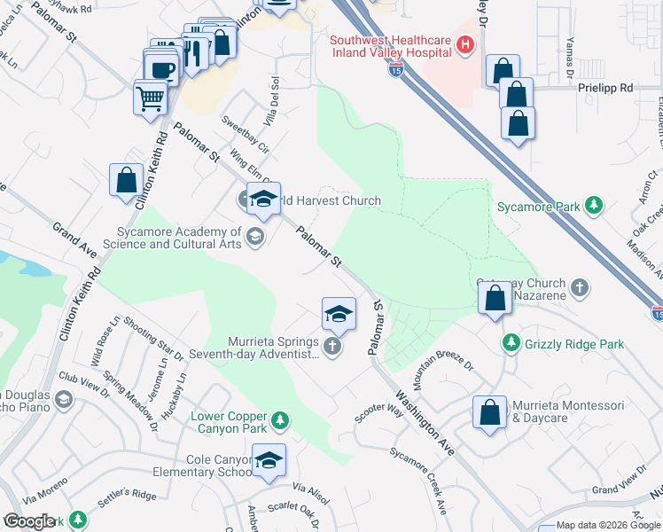 map of restaurants, bars, coffee shops, grocery stores, and more near 23201-23207 Palomar St in Murrieta
