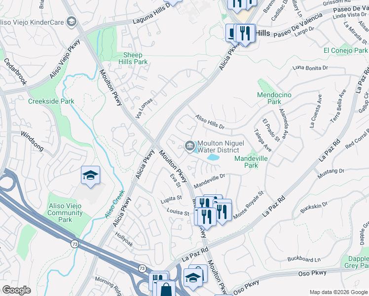 map of restaurants, bars, coffee shops, grocery stores, and more near 26171 Sunnyglen Avenue in Laguna Hills