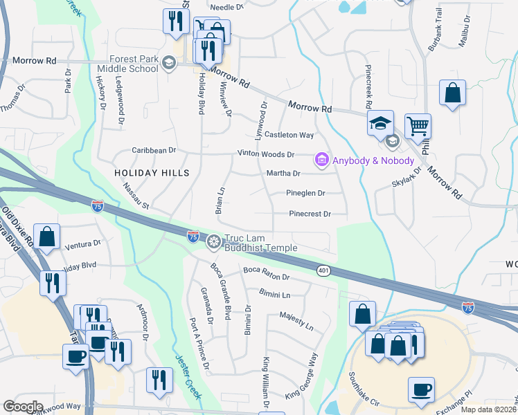 map of restaurants, bars, coffee shops, grocery stores, and more near 890 Pinecrest Cove in Forest Park