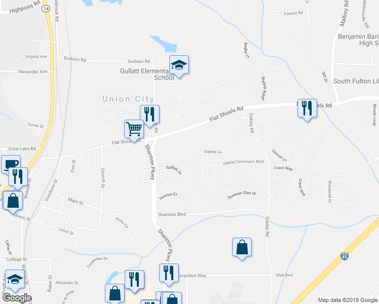 map of restaurants, bars, coffee shops, grocery stores, and more near 6445 Abercorn Street in Union City