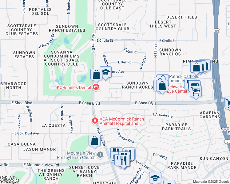 map of restaurants, bars, coffee shops, grocery stores, and more near 8180 East Shea Boulevard in Scottsdale