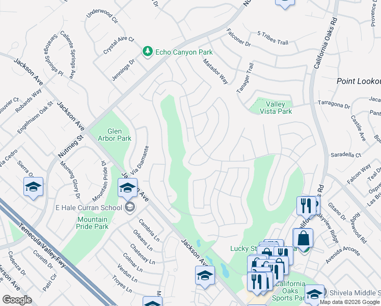 map of restaurants, bars, coffee shops, grocery stores, and more near 40465 Vía Camposeco in Murrieta