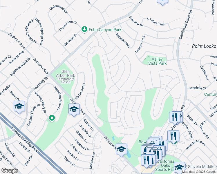 map of restaurants, bars, coffee shops, grocery stores, and more near 40465 Vía Camposeco in Murrieta