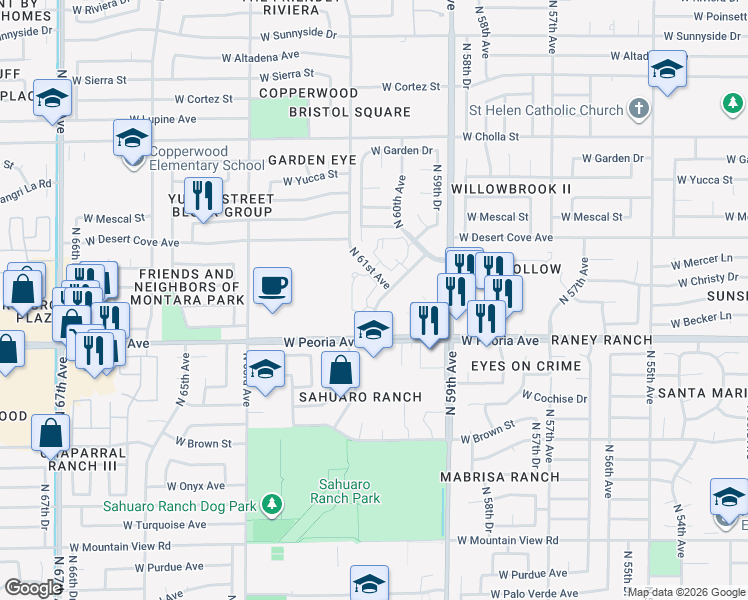map of restaurants, bars, coffee shops, grocery stores, and more near 10654 North 60th Avenue in Glendale