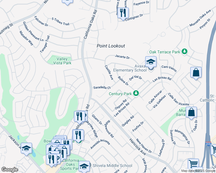 map of restaurants, bars, coffee shops, grocery stores, and more near 24300 Saradella Court in Murrieta