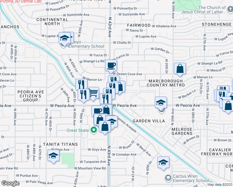 map of restaurants, bars, coffee shops, grocery stores, and more near 10639 North 43rd Avenue in Phoenix