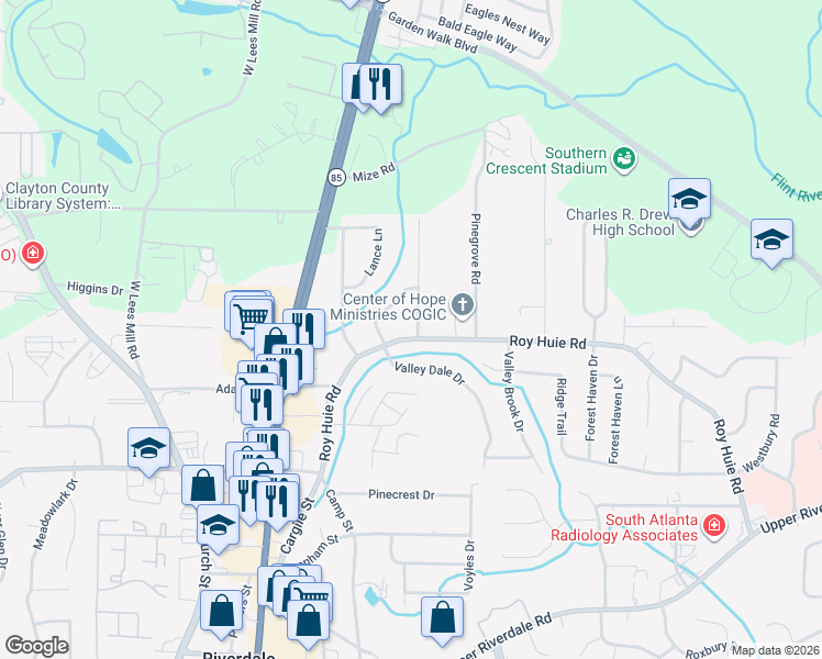 map of restaurants, bars, coffee shops, grocery stores, and more near 503 Roy Huie Road in Riverdale