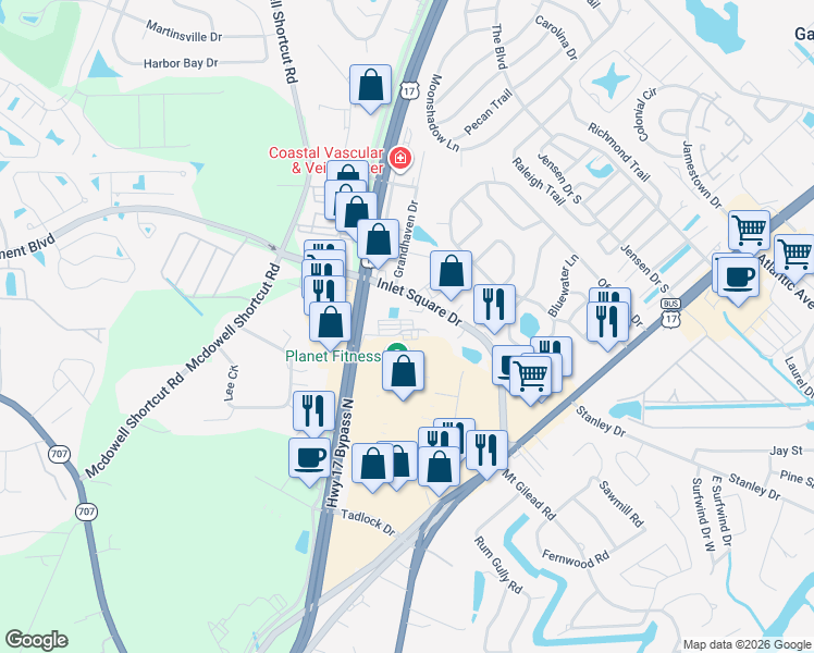 map of restaurants, bars, coffee shops, grocery stores, and more near 12053 Frontage Road in Murrells Inlet