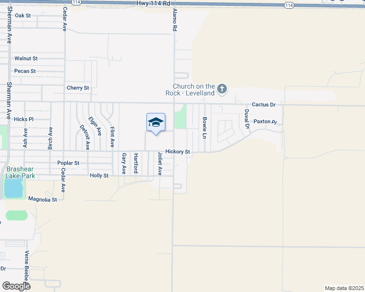 map of restaurants, bars, coffee shops, grocery stores, and more near 725 Alamo Road in Levelland