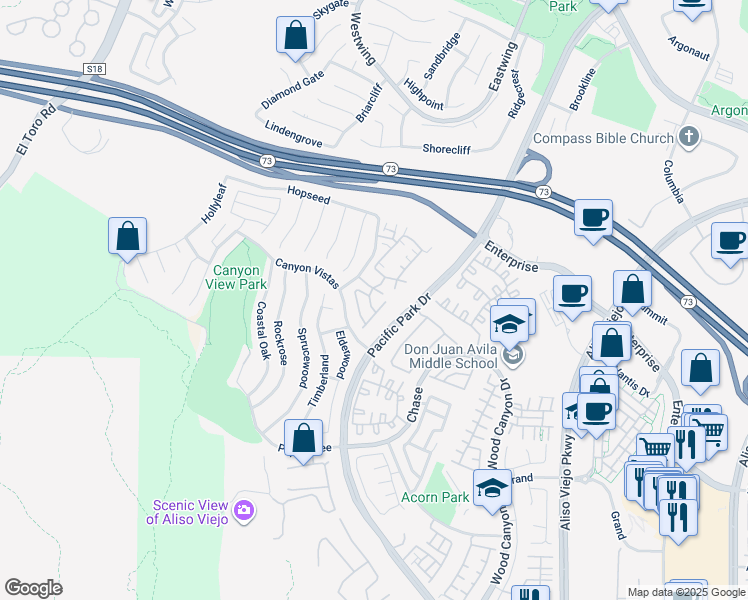 map of restaurants, bars, coffee shops, grocery stores, and more near 11 Iron Bark in Aliso Viejo