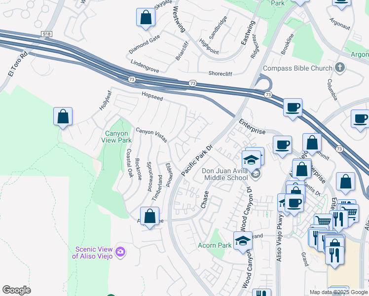 map of restaurants, bars, coffee shops, grocery stores, and more near 4 Woodcrest Lane in Aliso Viejo