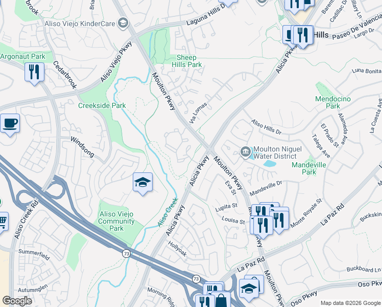 map of restaurants, bars, coffee shops, grocery stores, and more near 26170 Laguna Court in Aliso Viejo