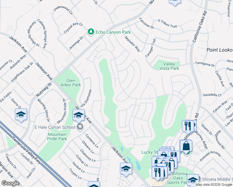 map of restaurants, bars, coffee shops, grocery stores, and more near 40465 Vía Camposeco in Murrieta