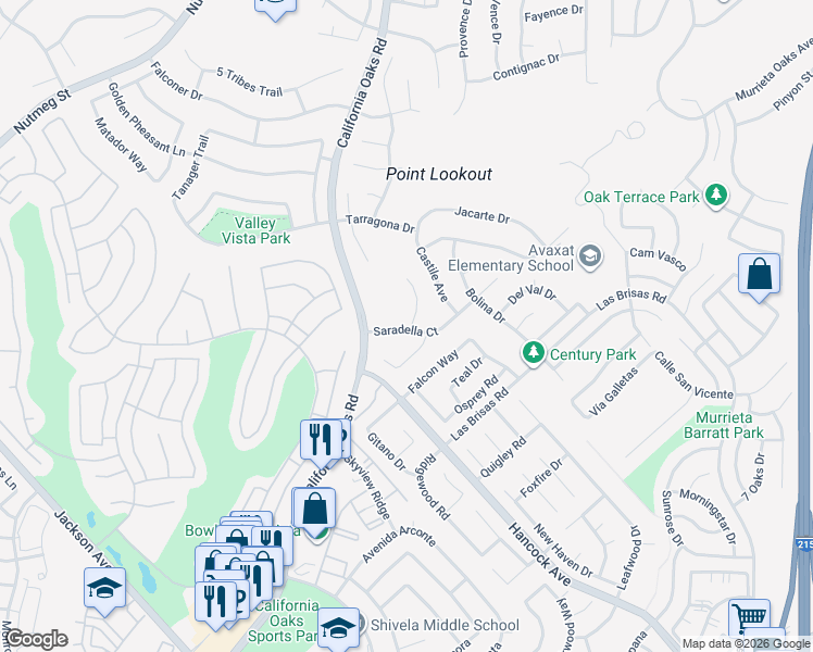map of restaurants, bars, coffee shops, grocery stores, and more near 39831 Barcelona Terrace in Murrieta