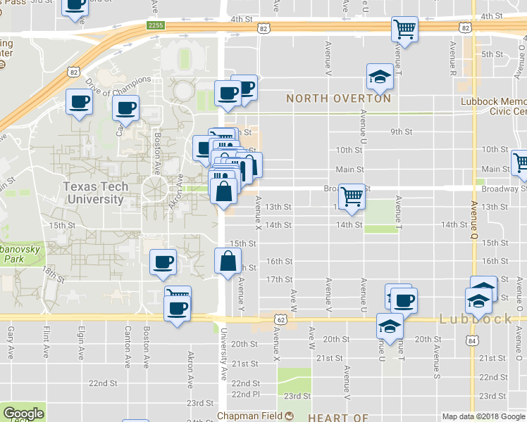 map of restaurants, bars, coffee shops, grocery stores, and more near 2321 13th Street in Lubbock