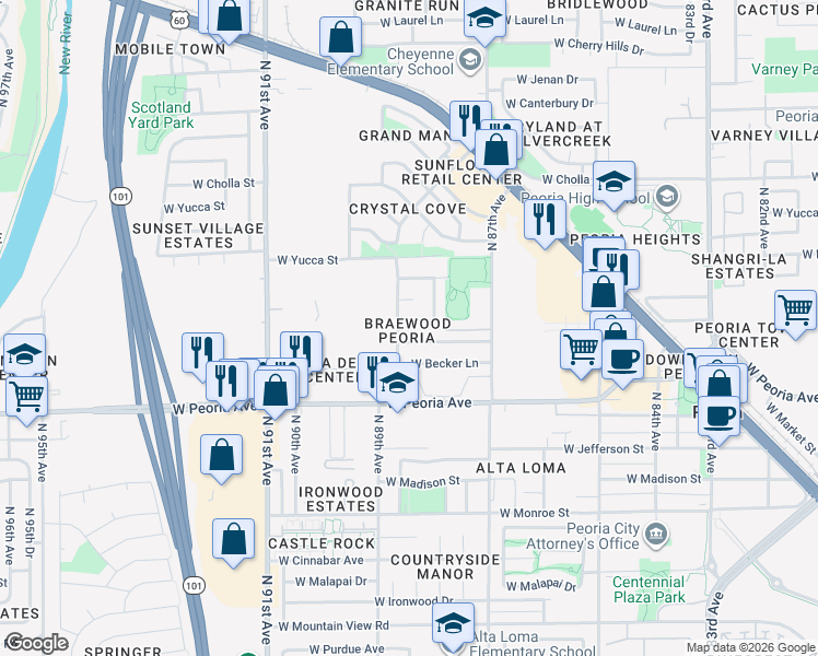 map of restaurants, bars, coffee shops, grocery stores, and more near 8831 West Mercer Lane in Peoria