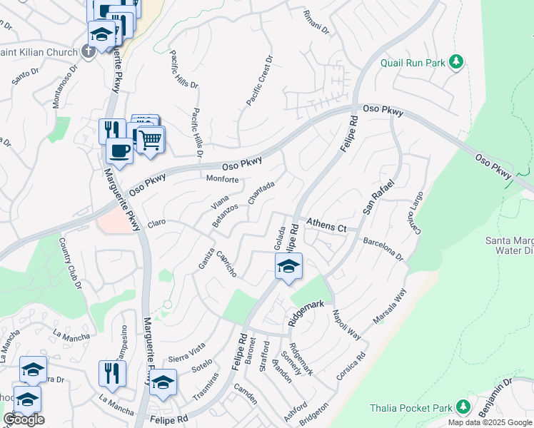 map of restaurants, bars, coffee shops, grocery stores, and more near 26171 Buscador in Mission Viejo