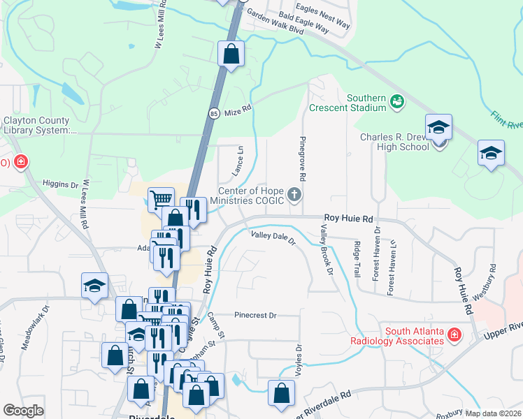 map of restaurants, bars, coffee shops, grocery stores, and more near 503 Roy Huie Road in Riverdale