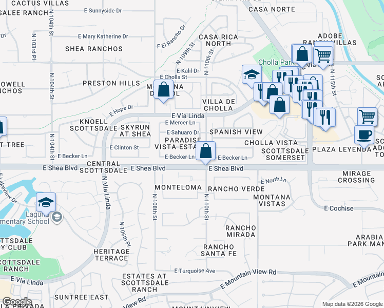 map of restaurants, bars, coffee shops, grocery stores, and more near 10965 East Clinton Street in Scottsdale