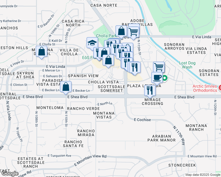 map of restaurants, bars, coffee shops, grocery stores, and more near 11375 East Sahuaro Drive in Scottsdale