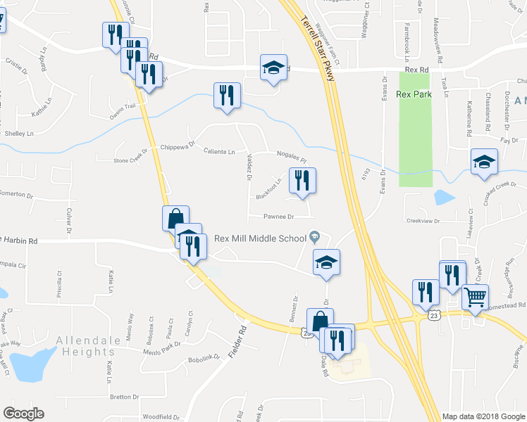 map of restaurants, bars, coffee shops, grocery stores, and more near 3196 Pawnee Drive in Rex
