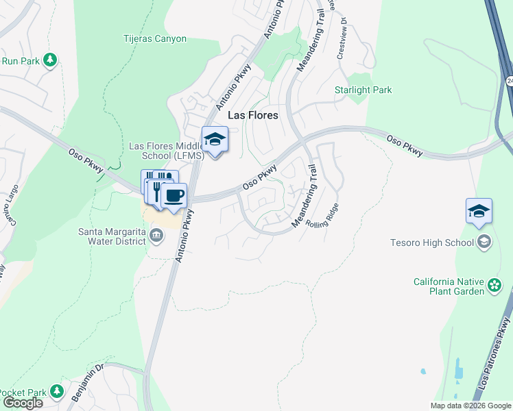 map of restaurants, bars, coffee shops, grocery stores, and more near 68 Radiance Lane in Rancho Santa Margarita